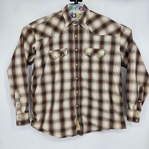 Larry Mahan Shirt Mens XXL Western Pearl Snap Long Sleeve Brown Plaid Rodeo
